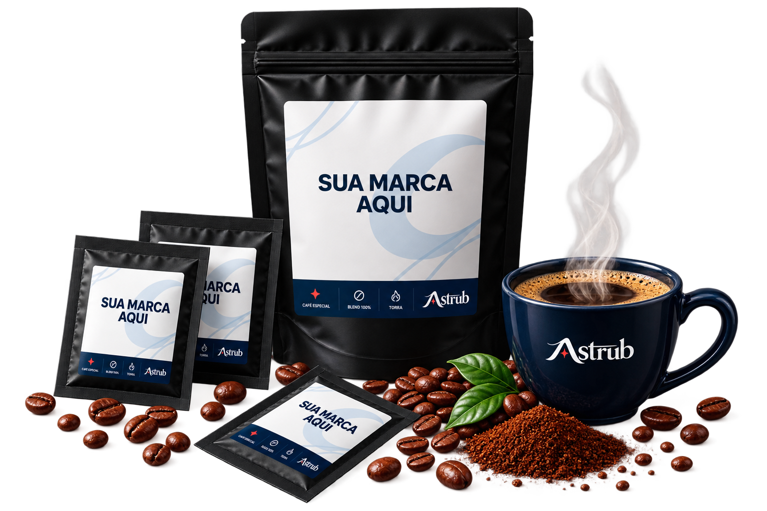 Embalagens de café personalizadas, sachês individuais, grãos, café moído e uma xícara de café Astrub